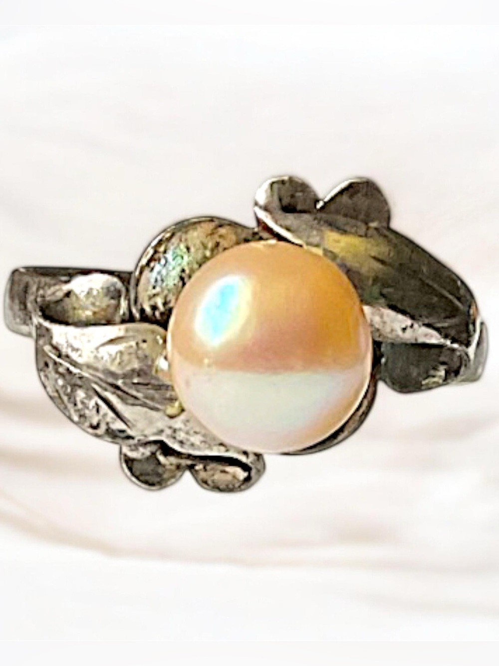 Vintage Sterling Silver Leaf Pearl Ring Size 7